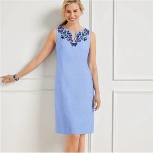 Linen Embroidered Butterfly Shift dress Chambray Size 12 Travel Resort wear